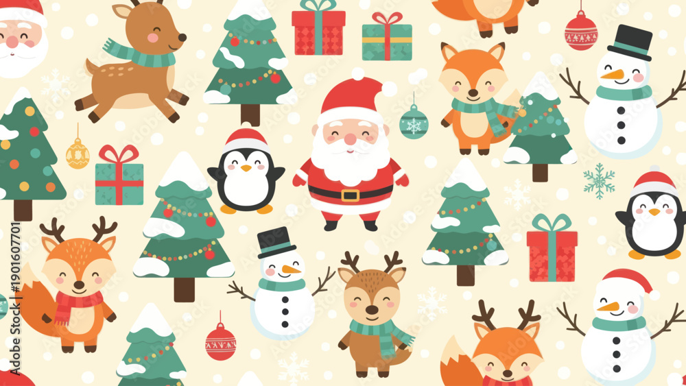 Obraz premium Cute Christmas Characters Pattern with Santa Claus and Animals.