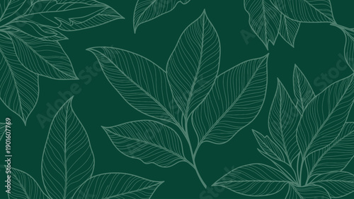 Detailed botanical line art illustration of various leaves on a dark green background.