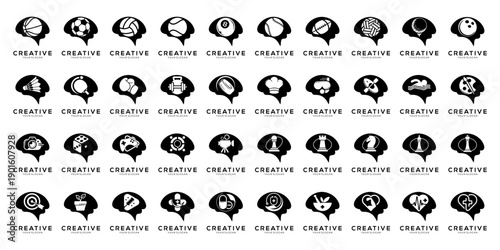 Set of Versatile Brain Silhouette with Various Activity logo design collection. Geometric abstract icon vector isolated on white background.