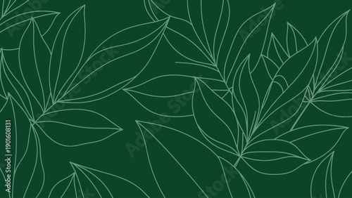 Elegant Outline of Tropical Leaves on Deep Green Background.