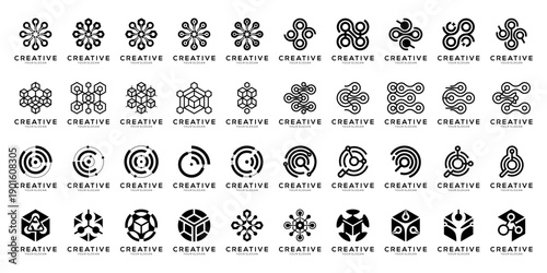 Set of Tech Digital Network Connectivity with Node, Circuit, and Cube Logo Collection. Geometric abstract icon vector isolated on white background.