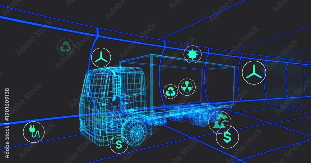 Fototapeta premium Rendering wireframe box truck moving in neon grid tunnel, showing recycling and plug icons