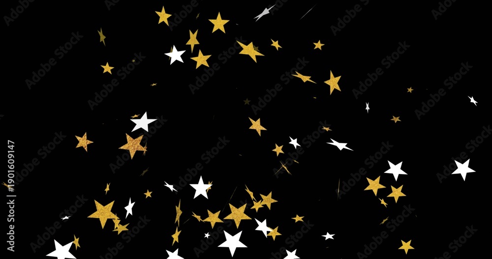 Fototapeta premium Glittering gold-white 5-pointed stars clustering, drifting on black void, with thin trails, sparks