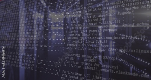 Bilde på lerret Displaying overlaid Nmap output centered in data center aisle, showing rack serv