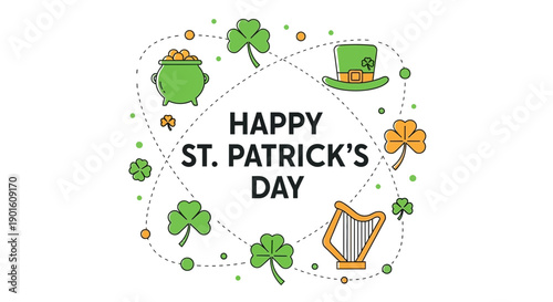 St Patricks Day Illustration with Shamrocks and Harp.