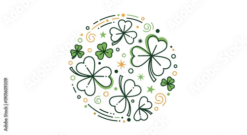 Four Leaf Clover Illustration with Decorative Elements.
