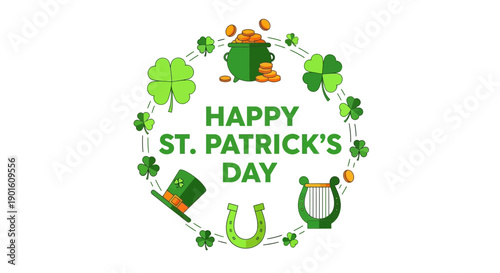 St Patricks Day Greeting with Shamrocks and Symbols.