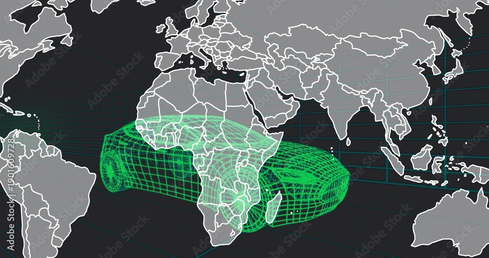 Fototapeta premium Hovering neon-green wireframe car spanning virtual world map, with turquoise grid lines
