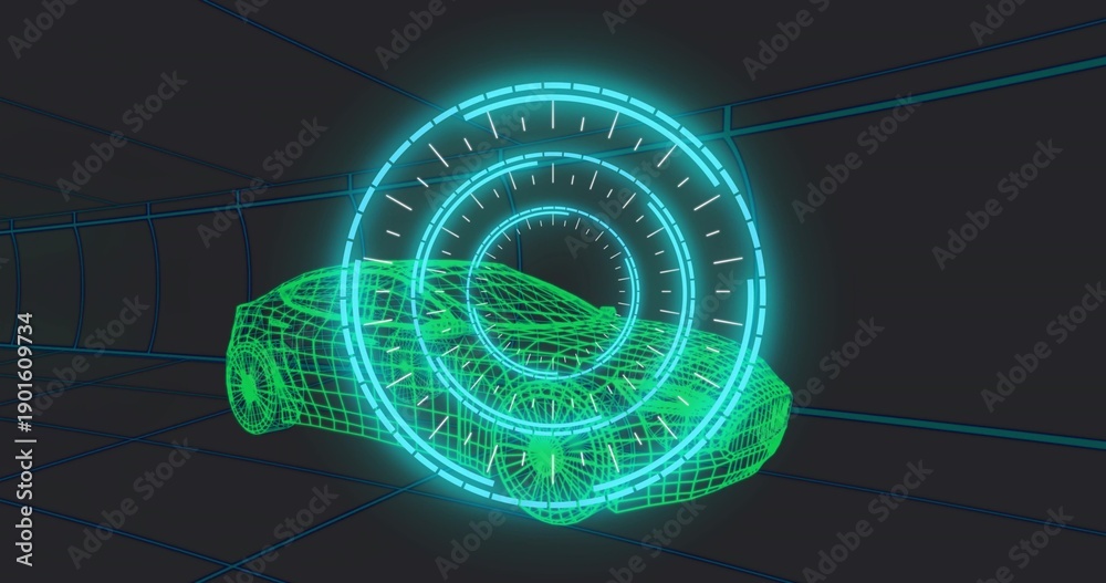 Fototapeta premium Displaying neon green wireframe sports car model rotating in simulated tunnel, with cyan HUD rings