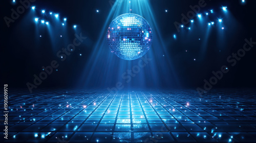 Vibrant blue disco background features shimmering disco ball reflecting light across dance floor. atmosphere is lively and energetic, perfect for night of dancing and celebration