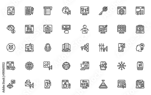 Online Marketing icon set. Vector icons pack featuring mobile, search engine, website, laptop, megaphone, robot, target, email and more. Editable stroke.