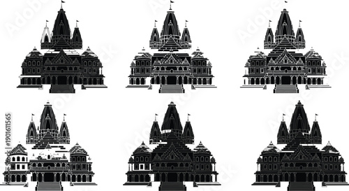 Black silhouette Hindu temple architecture set Indian heritage mandir vector illustration collection isolated white background detailed traditional sacred landmark design