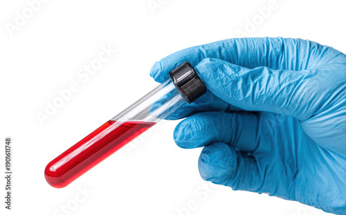 Hand in blue medical glove holds test tube filled with red liquid, symbolizing laboratory work and medical testing. image conveys sense of precision and care in scientific procedures