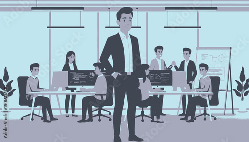 Confident Businessman Standing in Modern Office Environment.