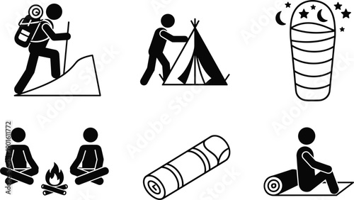 Outdoor camping hiking outline icons set with backpacker tent pitching sleeping bag campfire rest trekking travel adventure symbols