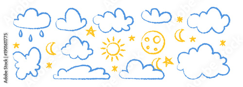 Set of crayon hand drawn sky elements. Cute pastel pencil strokes of clouds, stars, moon, and sun with chalk texture.