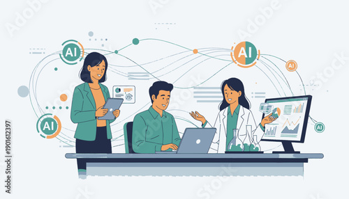 Team of professionals collaborating on AI project with laptops and data visualization.