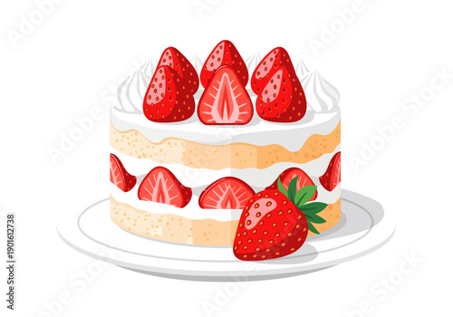A charming vector illustration of a classic strawberry shortcake, featuring fluffy sponge layers filled with cream and sliced berries, crowned with luscious whole fruit
