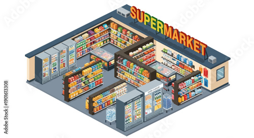Isometric Supermarket Interior with Shelves and Products.