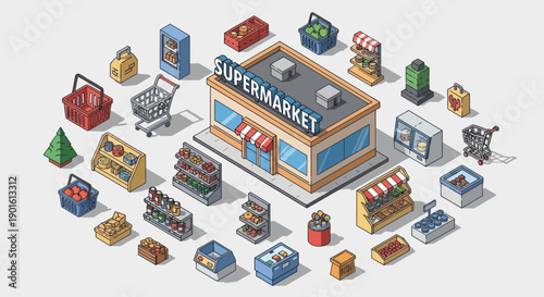 Isometric Supermarket Building with Various Products.