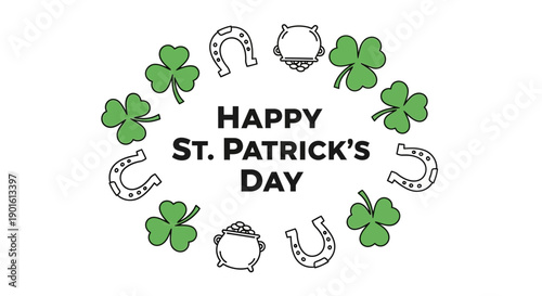 St Patricks Day Illustration with Shamrocks and Horseshoes.