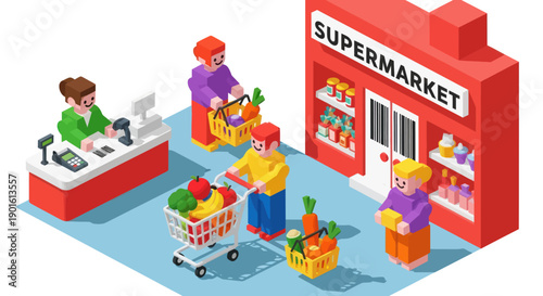 Isometric Supermarket Scene with Shopping People.