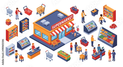 Supermarket Storefront with Customers Shopping.