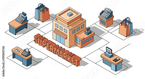 Isometric Supermarket with Shopping Bags and Carts.