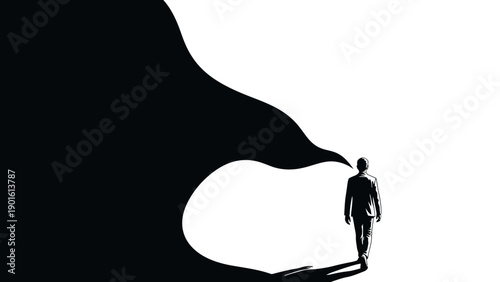 Silhouette of a person walking with a large dark shadow representing thoughts or ideas.