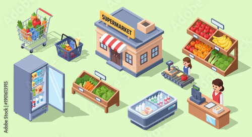 Isometric Grocery Store with Customers and Staff.