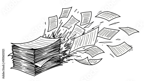 Stack of papers exploding into flying sheets.