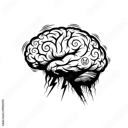 Stylized Brain Illustration with Lightning Bolts and Swirls.