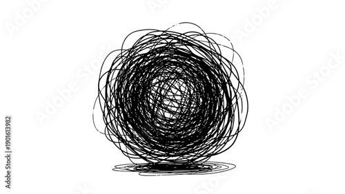Tangled messy scribble ball of black lines on a white background.
