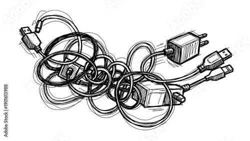 Tangled Mess of Electronic Cables and Chargers Sketch.