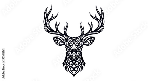Ornate deer head illustration featuring intricate designs and majestic antlers, showcasing wildlife art in a detailed and stylized portrait view