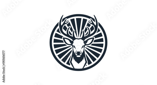 Stylized deer head illustration with antlers in circular frame, vector graphic, monochromatic, wildlife concept art