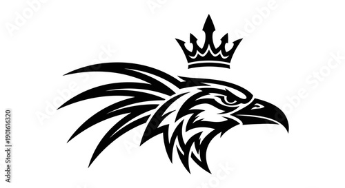 Majestic eagle head illustration wearing crown, symbolizing power and royalty in a sleek black design
