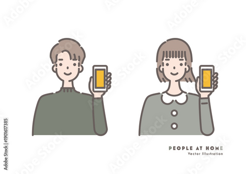 スマートフォンを持って笑顔を見せている男女のイラスト