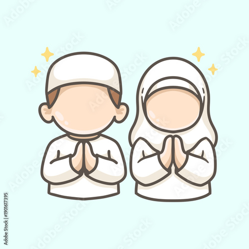 Muslim Couple Praying Illustration for Icon, sticker and other uses, hand drawn vector