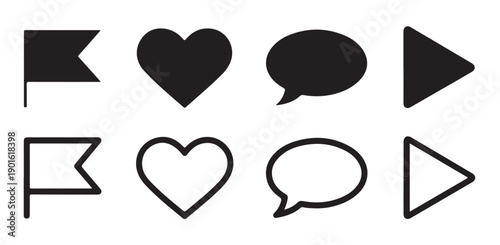 Social media icons, flag heart speech bubble and play button symbols