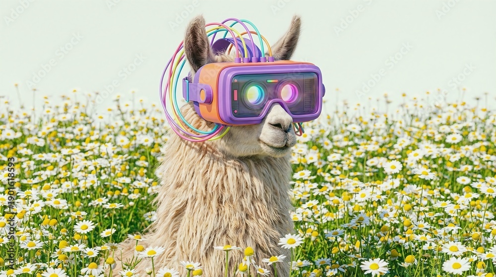 Obraz premium Llama wearing virtual reality headset in chamomile field
