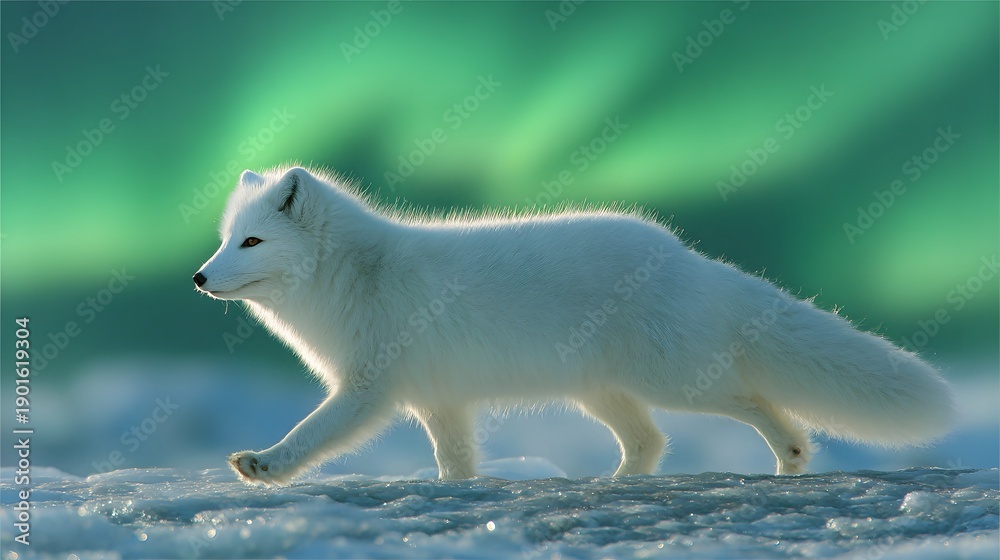 Fototapeta premium Majestic Arctic Fox Under Northern Lights in Icy Winter Landscape.