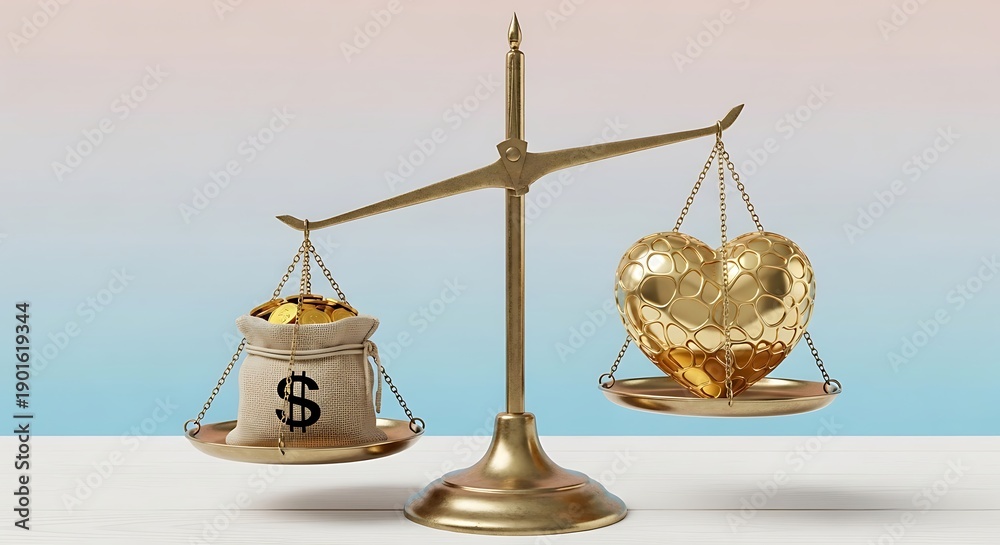 Obraz premium Golden Heart and Money Bag on Scales of Justice Symbolizing Love vs Wealth.