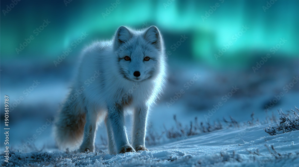 Naklejka premium Arctic Fox in Winter Landscape with Northern Lights.