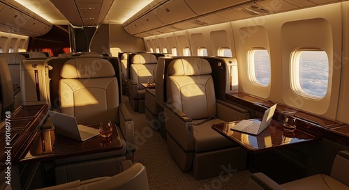 Luxurious private jet interior with leather seats bathed in golden light