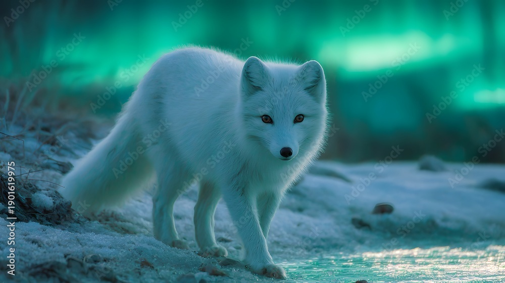 Fototapeta premium Arctic Fox in the Wilderness - A Majestic Creature Under the Northern Lights.