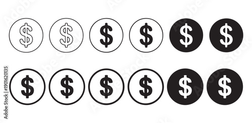 Dollar coin icons variety pack with different stroke weights and solid fill circles symbols