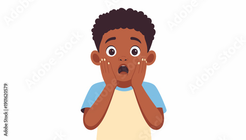 A surprised young boy with his hands on his face, showing an expression of shock and disbelief