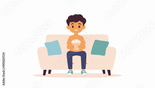 Cartoon illustration of a smiling child relaxing on a sofa with a bucket of popcorn, enjoying some home entertainment