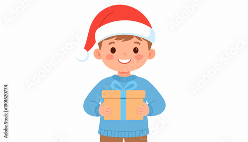 A cheerful cartoon boy in a bright red Santa hat happily holds a wrapped gift, embodying the joy and spirit of the holiday season and gift-giving celebrations